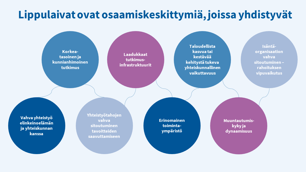 Lippulaivat ovat osaamiskeskittymiä, joissa yhdistyvät: -korkeatasoinen ja kunnianhimoinen tutkimus -laadukkaat tutkimusinfrastruktuurit -taloudellista kasvua tai kestävää kehitystä tukeva yhteiskunnallinen vaikuttavuus -isäntäorganisaation vahva sitoutuminen - rahoituksen vipuvaikutus -vahva yhteistyö elinkeinoelämän ja yhteiskunnan kanssa -yhteistyötahojen vahva sitoutumien tavoitteiden saavuttamiseen -erinomainen toimintaympäristö -muuntautumiskyky ja dynaamisuus.