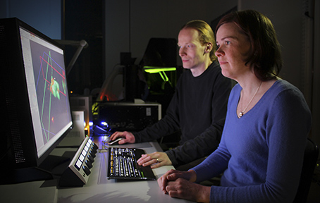 apulaisprofessori Clare Strachan ja laboratorioinsinööri Antti Isomäki katselevat Cars-mikroskoopin tuottamaa kuvaa tietokoneen näytöltä